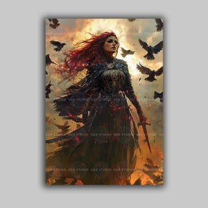 Badb Catha Battle Goddess Art Print, Celtic Warrior Goddess Wall Art, Dark Feminine Power Decor, Mythical Morrigan Raven Goddess Artwork w30