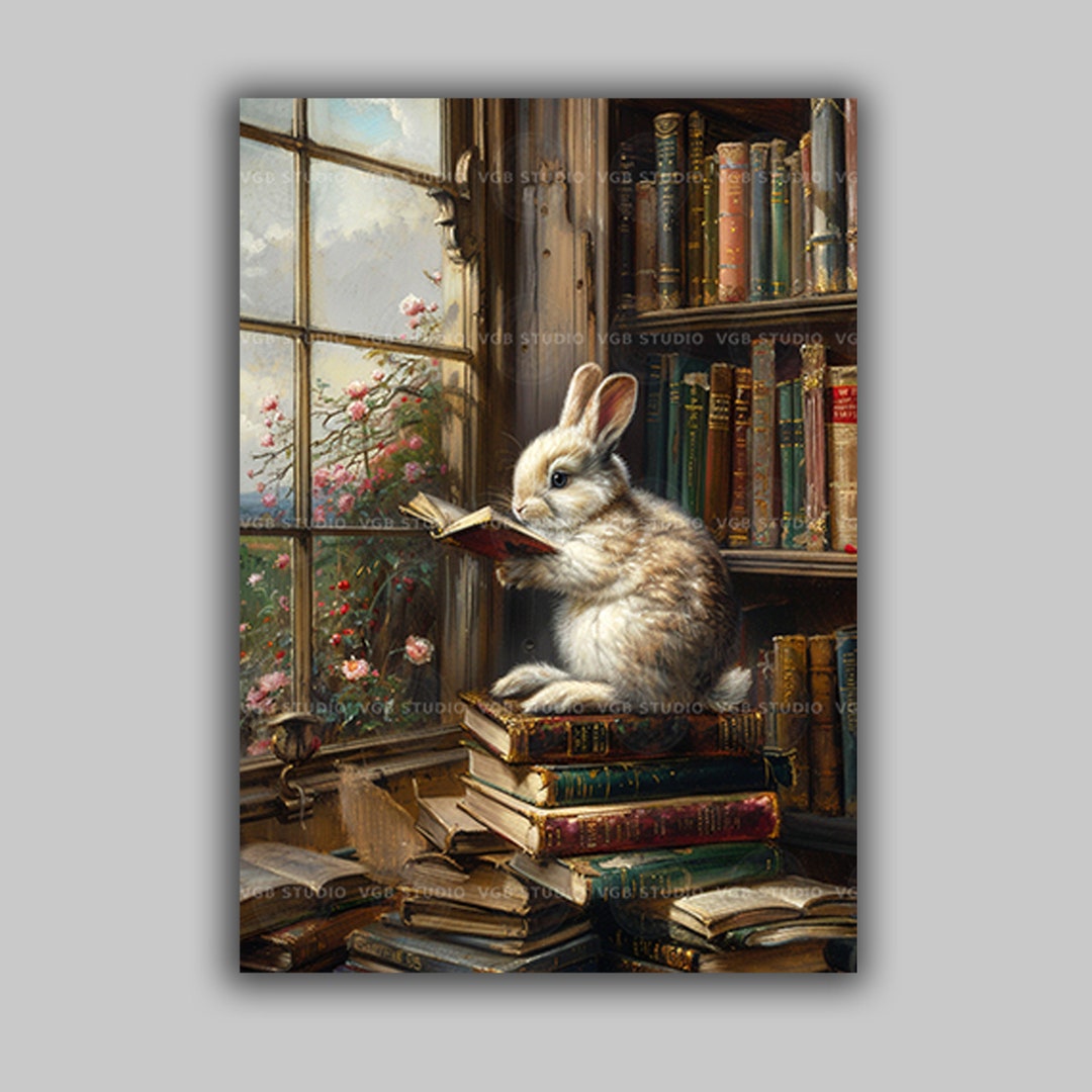 Rabbit Reading Book Victorian Abandoned Library Print, Bookish ...