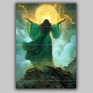 Fodla Art Print Irish Goddess Celtic Mythology Sun Ritual Green Cloak Ancient Ireland Magickal Woman Irish Heritage Spiritual Decor AE56