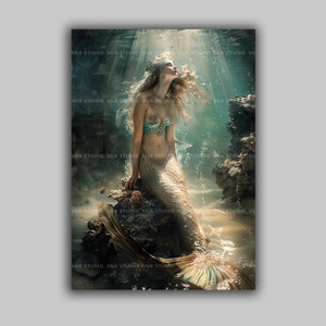 Mermaid Art Print Underwater Fantasy Decor Ocean Goddess Wall Art Ethereal Sea Life Illustration Magical Siren Artwork Beach House Style H99