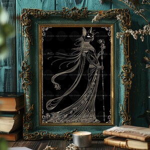 Bastet Gold Line Art Print, Egyptian Cat Goddess in a Deco Gown, Ancient Egypt Mythology Kemetic Altar Wall Decor q54 image 4