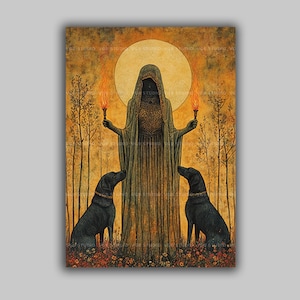 Noc Czarów Hekate, grecka bogini czarów, magiczne rozdroże, pełnia księżyca Hekate z pochodniami, wydruk artystyczny, czarownicza pogańska sztuka ezoteryczna t55