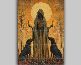 Hekate Hexerei Nacht griechische Hexe Göttin Scheideweg Magie Hekate Vollmond Fackeln Kunstdruck, Witchy Pagan Esoterische Kunst t55