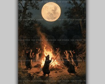 Rats Dancing Around a Bonfire Art Print, Full Moon Forest Ritual, Dark Folk Horror Animal Coven, Gothic Halloween Wall Decor AN36