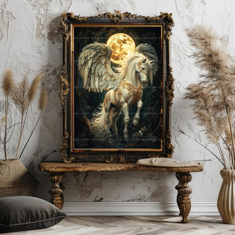 Pegasus Moonlight Art Print Greek Mythology Winged Horse Fantasy Artwork Celestial Creature Painting Mystical Night Sky Wall Decor AJ82 image 8