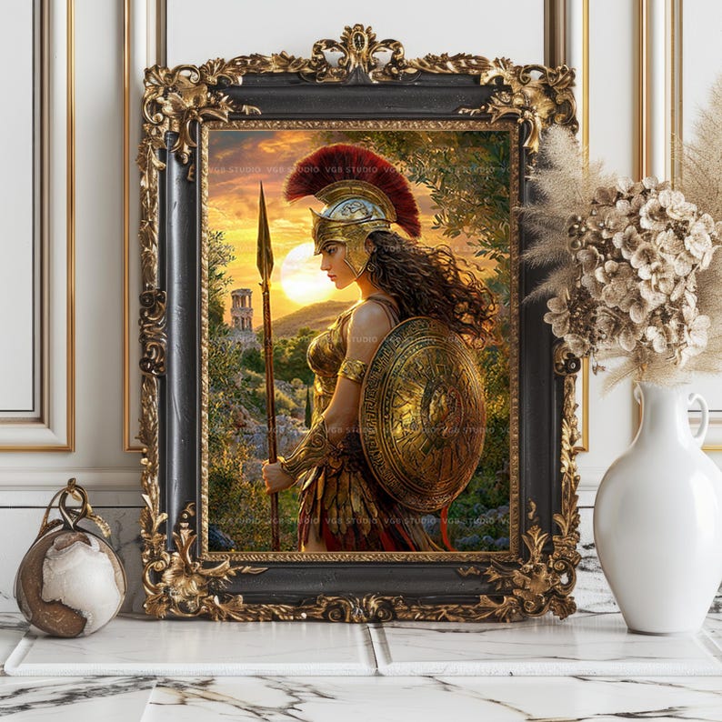 Athena Minerva Goddess Art Print Warrior Goddess Greek Mythology Wall Decor Golden Armor Shield Spear Wisdom Greek Decor Feminine Gift z21 image 5
