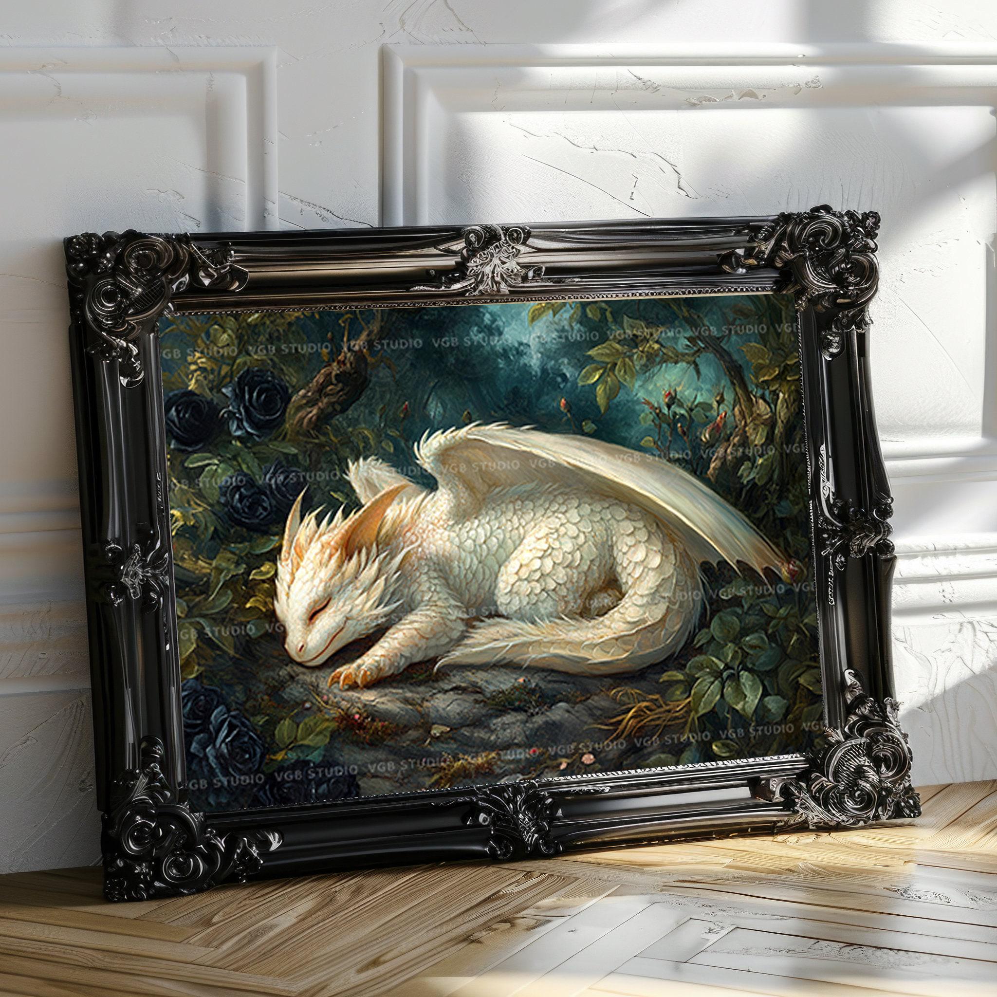Sleeping White Baby Dragon Art Print Cute Fantasy Creature in Rose