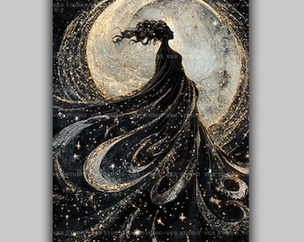 Nyx Goddess of Night Art Print Greek Mythology Decor Celestial Feminine Wall Starry Moon Goddess Divine Dark Goddess Illustration AG03