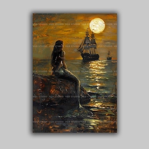 Beautiful Mermaid Contemplating Sunset Painting, Siren Baroque Art Poster Print, Dark Academia, Gothic Occult Poster, Nautical Art p66