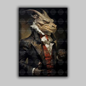 Dragon Art Print Victorian Fantasy Portrait Gothic Beast in Suit Dapper Reptile Wall Decor Mythical Creature Painting Tavern Vibes M69