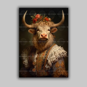 Highland Cow Portrait Wall Art Victorian Animal Print Floral Crown Whimsical Highland Bull Dressed Animal Decor Country Farmhouse E100