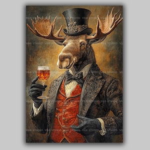Moose in Top Hat Wall Art Funny Animal Portrait Gentleman Moose Print Dapper Whimsical Decor Victorian Wildlife Humor Lodge Style Art AF76