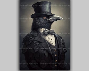 Victorian Crow Art Print, Gothic Raven Decor, Cabinet of Curiosities Poster, Anthropomorphic Animal Portrait, Dark Academia Corvid A64
