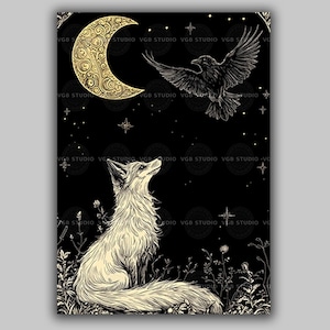 Fox and Raven Art Print Moon Night Mystical Animal Black Gold Decor Folklore Illustration Witchy Wall Art Celestial Stars Botanical Gift z39 image 1