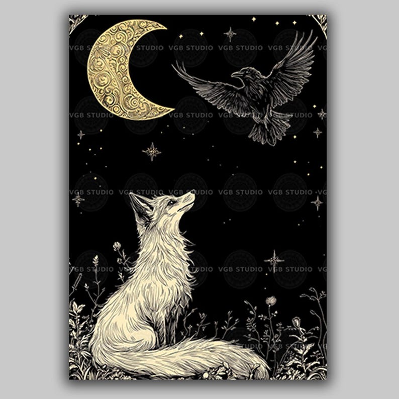 Fox and Raven Art Print Moon Night Mystical Animal Black Gold Decor Folklore Illustration Witchy Wall Art Celestial Stars Botanical Gift z39 image 1