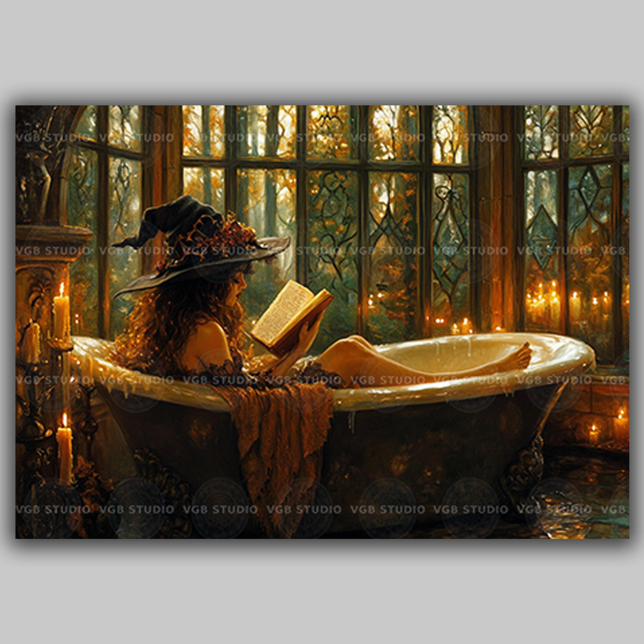 Witch Reading in Bathtub Art Print Dark Academia Candlelit Autumn