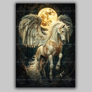 Pegasus Moonlight Art Print Greek Mythology Winged Horse Fantasy Artwork Celestial Creature Painting Mystical Night Sky Wall Decor AJ82 image 1