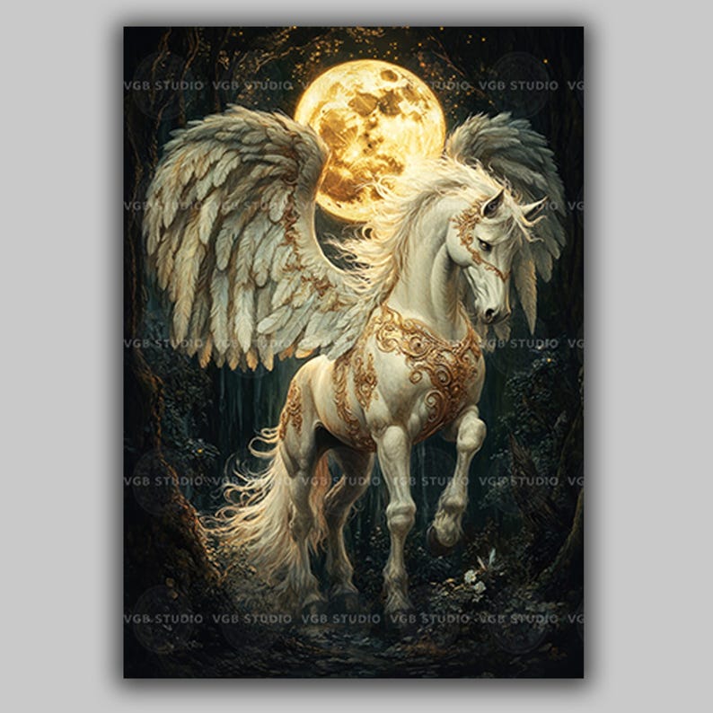 Pegasus Moonlight Art Print Greek Mythology Winged Horse Fantasy Artwork Celestial Creature Painting Mystical Night Sky Wall Decor AJ82 image 1