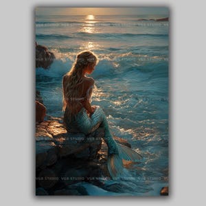 Meerjungfrau Art Print Ozean Sonnenuntergang Wanddekor Fantasie Küsten Poster Serene Seesirene Verträumt Geschenk Strand Zuhause Mythisch Frau Nautisch AG91