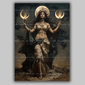 Hecate Moon Goddess Art Print, Triple Moon Dark Feminine Power Decor, Ancient Greek Witchcraft Altar Artwork, Mystical Pagan Wall Art AE64
