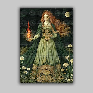 Brigid Celtic Goddess Wall Art Print, Irish Fire Deity, Sacred Flame Pagan Altar, Imbolc Mythology Decor, Brighid Spring Flowers Gift M01