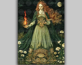 Brigid Celtic Goddess Wall Art Print, Irish Fire Deity, Sacred Flame Pagan Altar, Imbolc Mythology Decor, Brighid Spring Flowers Gift M01