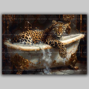 Leopard in Bathtub Art Print Luxurious Animal Decor Gold Marble Bathroom Wall Art Wild Cat Illustration Whimsical Jungle Theme Vintage L81