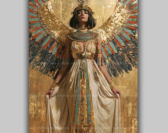 Winged Isis Art Nouveau Print, Egyptian Revival Gold Leaf Wall Decor, Ancient Egypt Goddess Poster, Auset Kemetic Altar Painting AN94