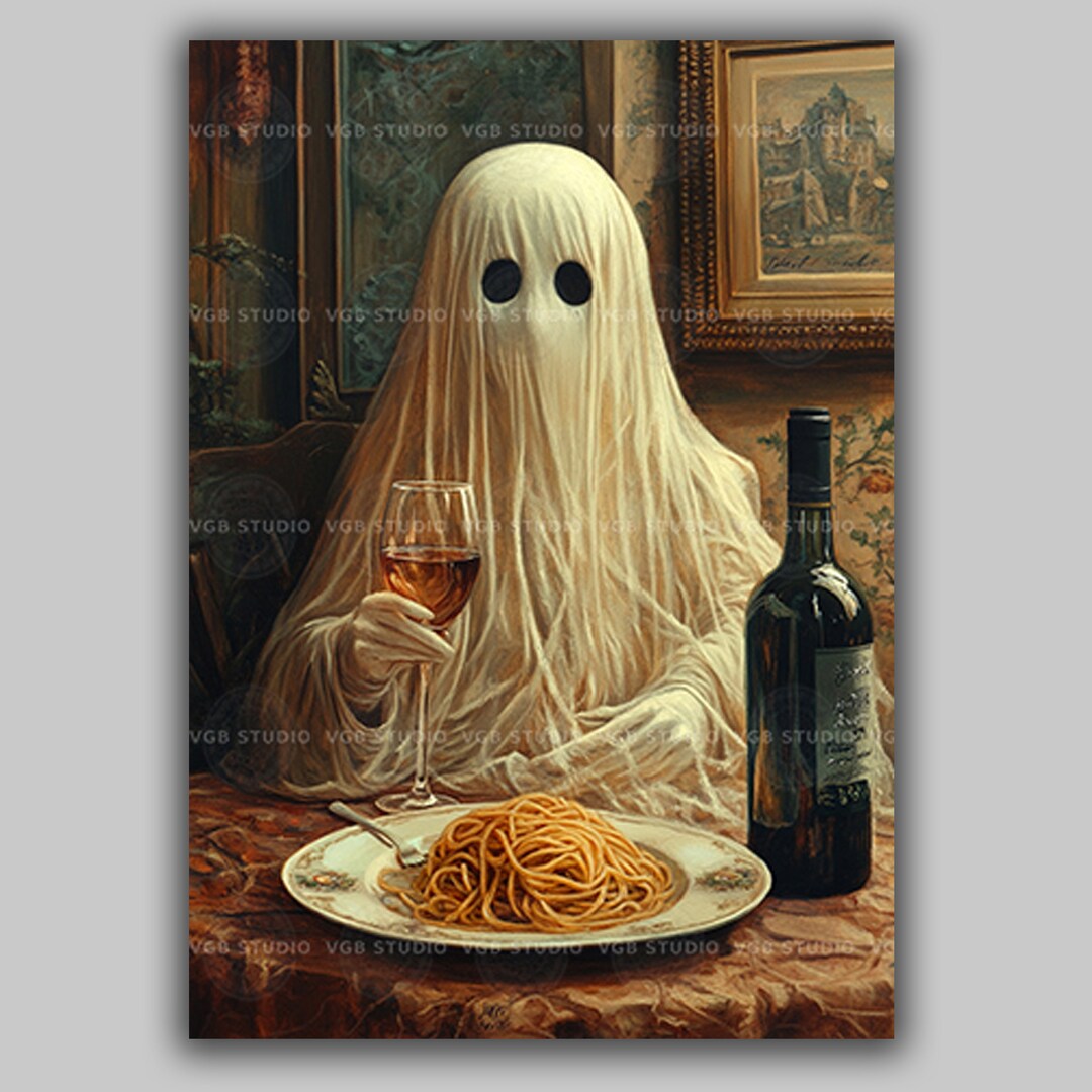 Ghost Dining With Wine and Pasta Art Print, Whimsical Haunted Dinner ...