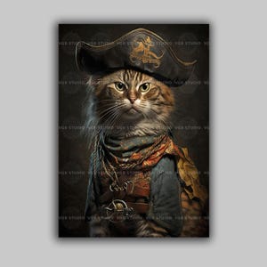 Pirate Cat Art Print | Tabby Captain in Tricorn Hat | Nautical Animal Portrait Wall Decor Renaissance Costume Anthropomorphic Art | a43