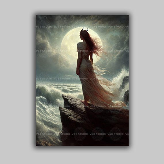Lilith Art Print, Horned Goddess on Ocean Cliff, Full Moon Stormy