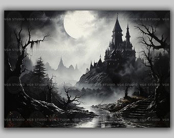 Dracula Castle Art Print, Gothic Full Moon Landscape, Monochrome Haunted Fantasy Halloween Wall Decor F46