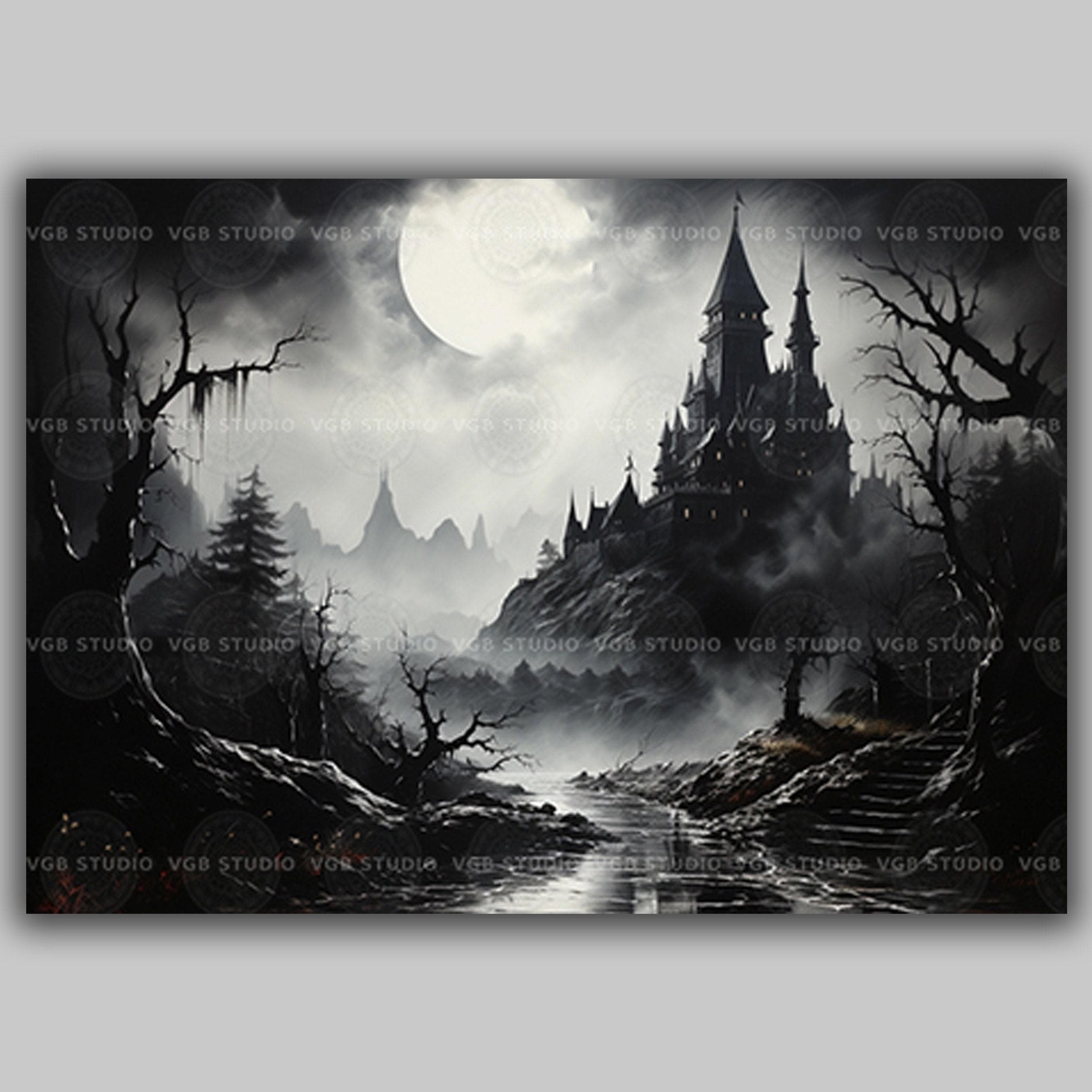 Dracula Castle Art Print, Gothic Full Moon Landscape, Monochrome