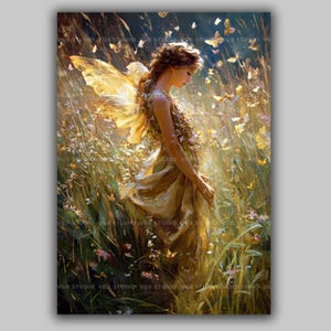 Golden Fairy Art Print Whimsical Summer Meadow Decor Ethereal Butterfly Wings Illustration Dreamy Fae Woman in Sunlight Cottagecore Art AH76