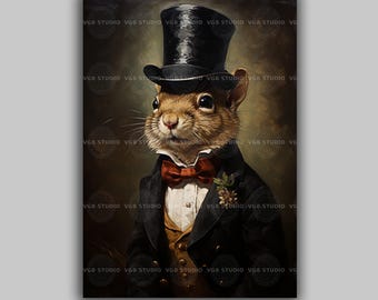 Squirrel Gentleman Wall Art Print, Victorian Top Hat Portrait, Dapper Woodland Animal In Bow Tie, Whimsical Decor, Dark Academia Gift J75