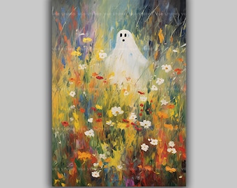 Süßer Geist Wildblumen Wand Kunst Druck, Blumen Wiese Geist Gemälde Cottagecore Halloween Gruselig Kinderzimmer Poster Bunt Skurril E77