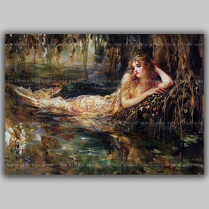 Mermaid Dark Lake Forest Painting, Lonely Siren Wall Art, Water Nymph Poster Print, Dark Academia, Gothic Occult Poster, Moody Lagoon p68