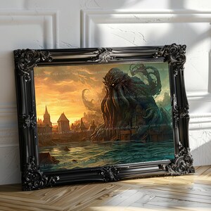 Cthulhu kunst aan de muur kosmische horror print Lovecraftian decor gotische fantasie kust ruïnes donkere mythologie monster kunst oude horror cadeau A51 afbeelding 7