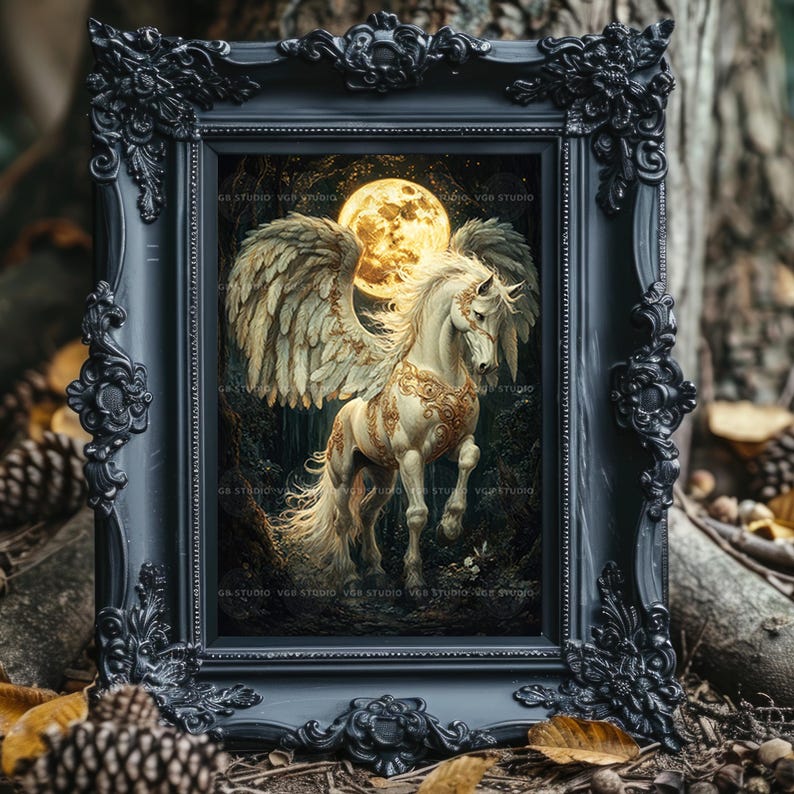 Pegasus Moonlight Art Print Greek Mythology Winged Horse Fantasy Artwork Celestial Creature Painting Mystical Night Sky Wall Decor AJ82 image 5