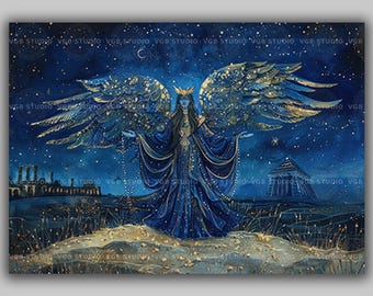 Nyx Goddess Art Print Greek Mythology Wall Decor Moon Goddess Illustration Celestial Night Deity Artwork Dark Divine Feminine Blue Gold AF37