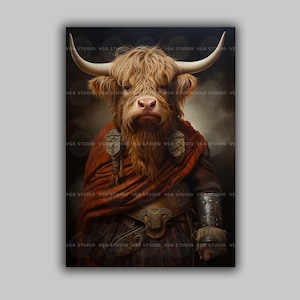 Quadro decorativo de parede com vaca guerreira das Terras Altas, estilo escocês com tartan, retrato animal vitoriano extravagante, decoração rústica para casa de campo H80
