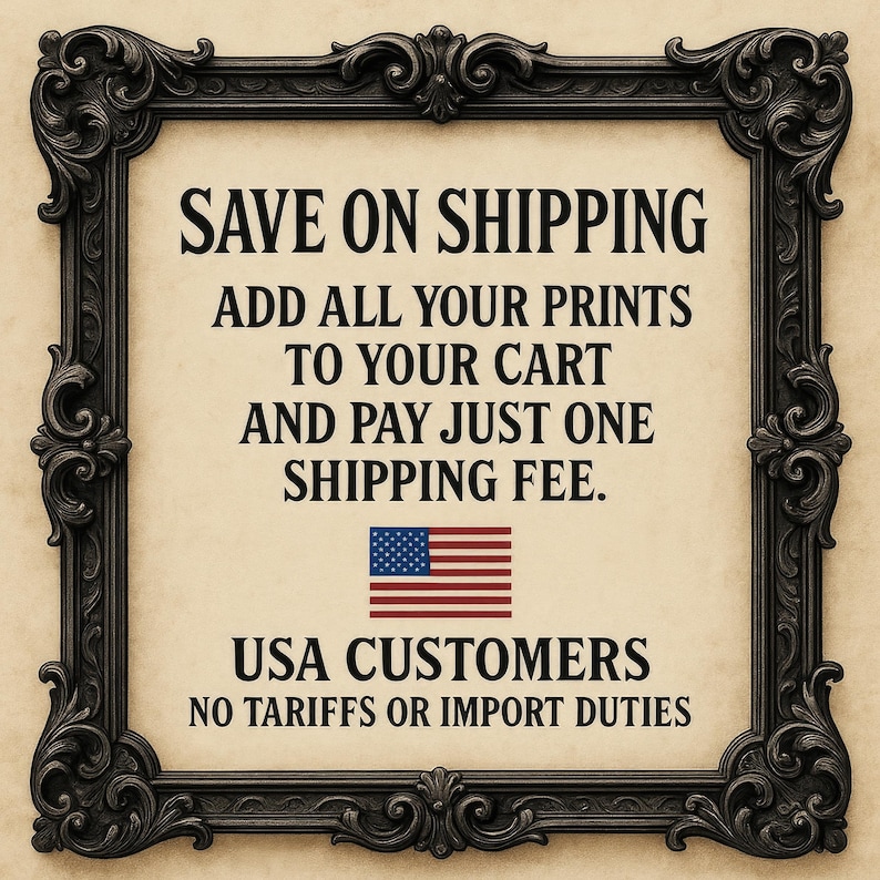 a sign with a black ornate frame, containing a message about shipping and US customers.