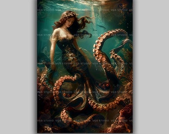 Mermaid Octopus Art Print | Underwater Woman with Tentacles | Fantasy Sea Creature Portrait Ocean Mythology Nautical Ethereal Decor | p85