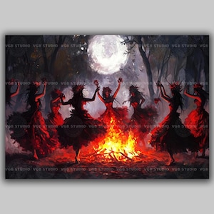 Moonlit Dance Fantasy Art Print Enchanted Forest Maiden Circle Full Moon Ritual Witches in White Mystical Night Magic Pagan Dream Scene AF87