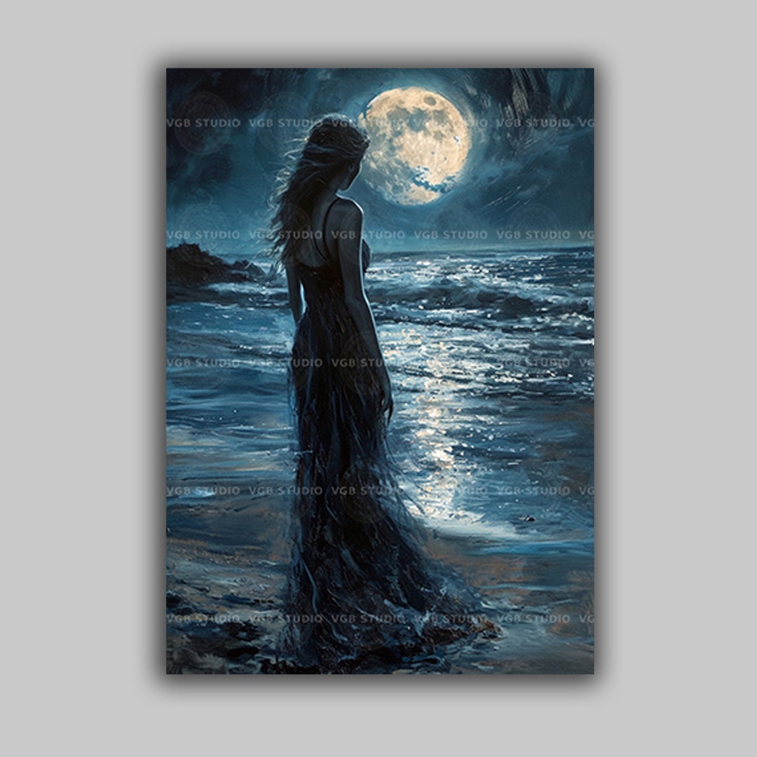 Moonlit Ocean Woman Art Print Mystical Feminine Silhouette