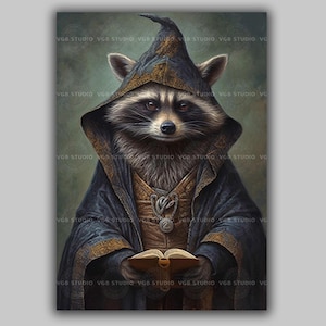 Raccoon Wizard Art Print Fantasy Animal Reading Magic Book Whimsical Enchanted Forest Wall Decor Mystical Cottagecore Illustration A58