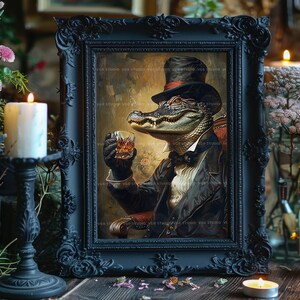 Alligator-Whisky-Wandbild, viktorianisches Tiermotiv, Dark-Academia-Poster, Speakeasy-Dekoration, Luxusgeschenk für Männer, Krokodilgemälde t25 Bild 2