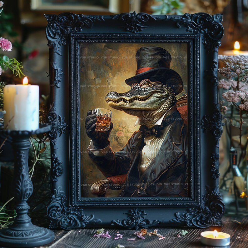 Alligator-Whisky-Wandbild, viktorianisches Tiermotiv, Dark-Academia-Poster, Speakeasy-Dekoration, Luxusgeschenk für Männer, Krokodilgemälde t25 Bild 2