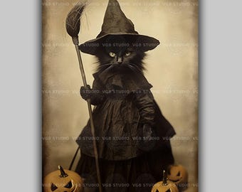 Black Cat Witch Wall Art Print, Halloween Familiar With Broom, Pumpkin Decor, Gothic Animal Portrait, Spooky Autumn Gift, Witchy Cat w53