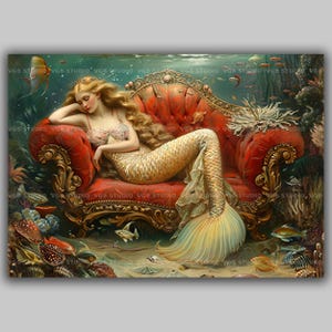 Mermaid Art Print Red Velvet Couch Fantasy Ocean Scene Fairytale Sea Decor Whimsical Siren Illustration Nautical Princess Wall Art s29